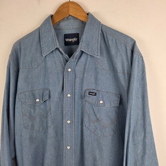 Wrangler Men's Medium Chambray Cowboy Cut Western Firm Finish Work Shirt Size XL - Picture 3 of 9